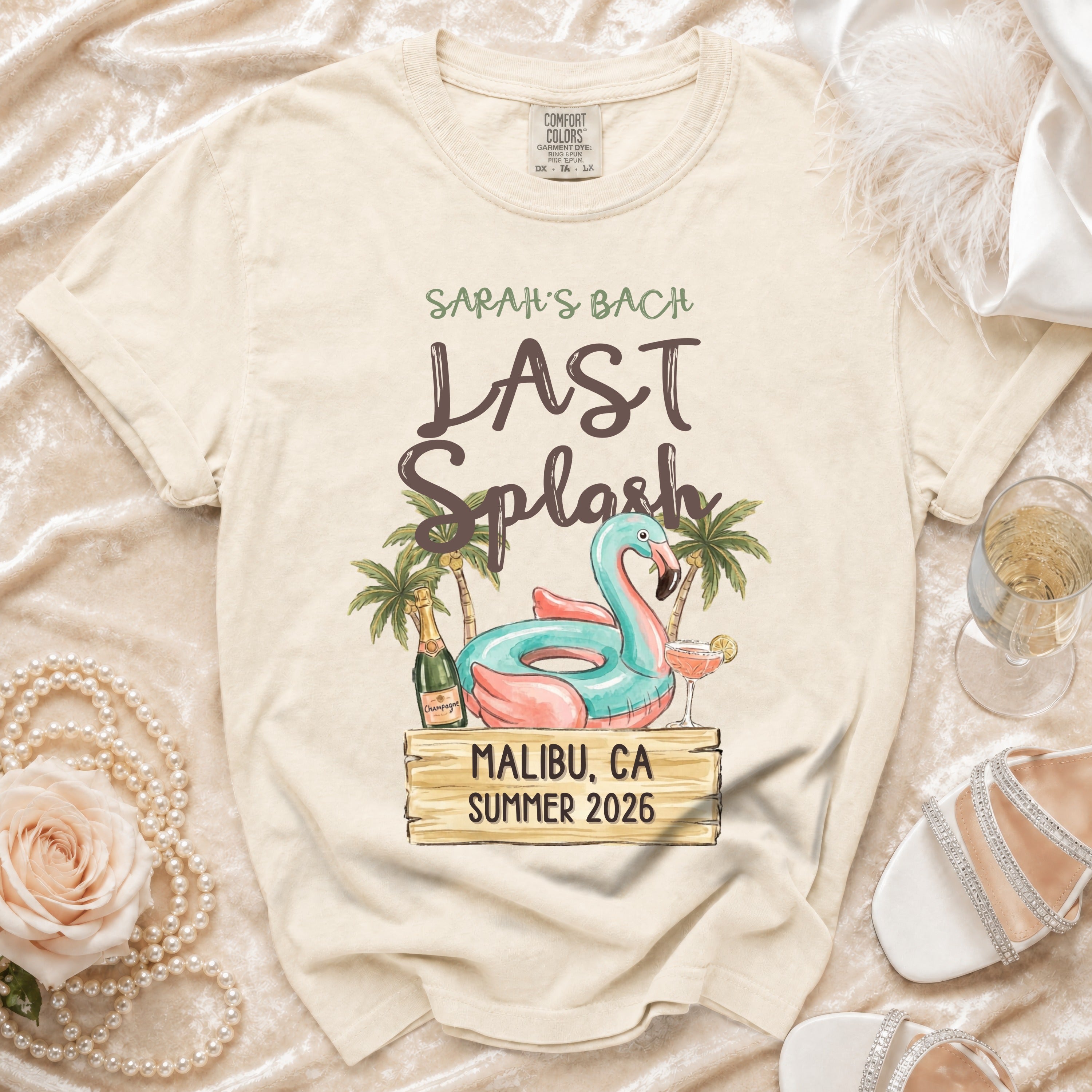 T-shirt with "Sarah's Bach Last Splash" and Malibu, CA Summer 2026.