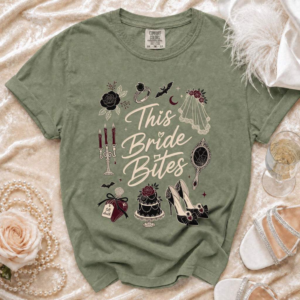 Green t-shirt with "This Bride Bites" text and gothic wedding graphics.