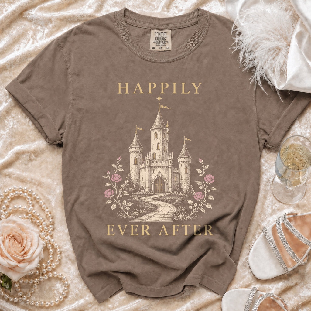 Brown t-shirt with a castle graphic and text "Happily Ever After".