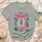 Ghost bride shirt with "too cute to spook" text and Halloween icons.