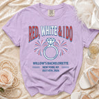 Purple t-shirt with "Red, White & I Do" bachelorette design.