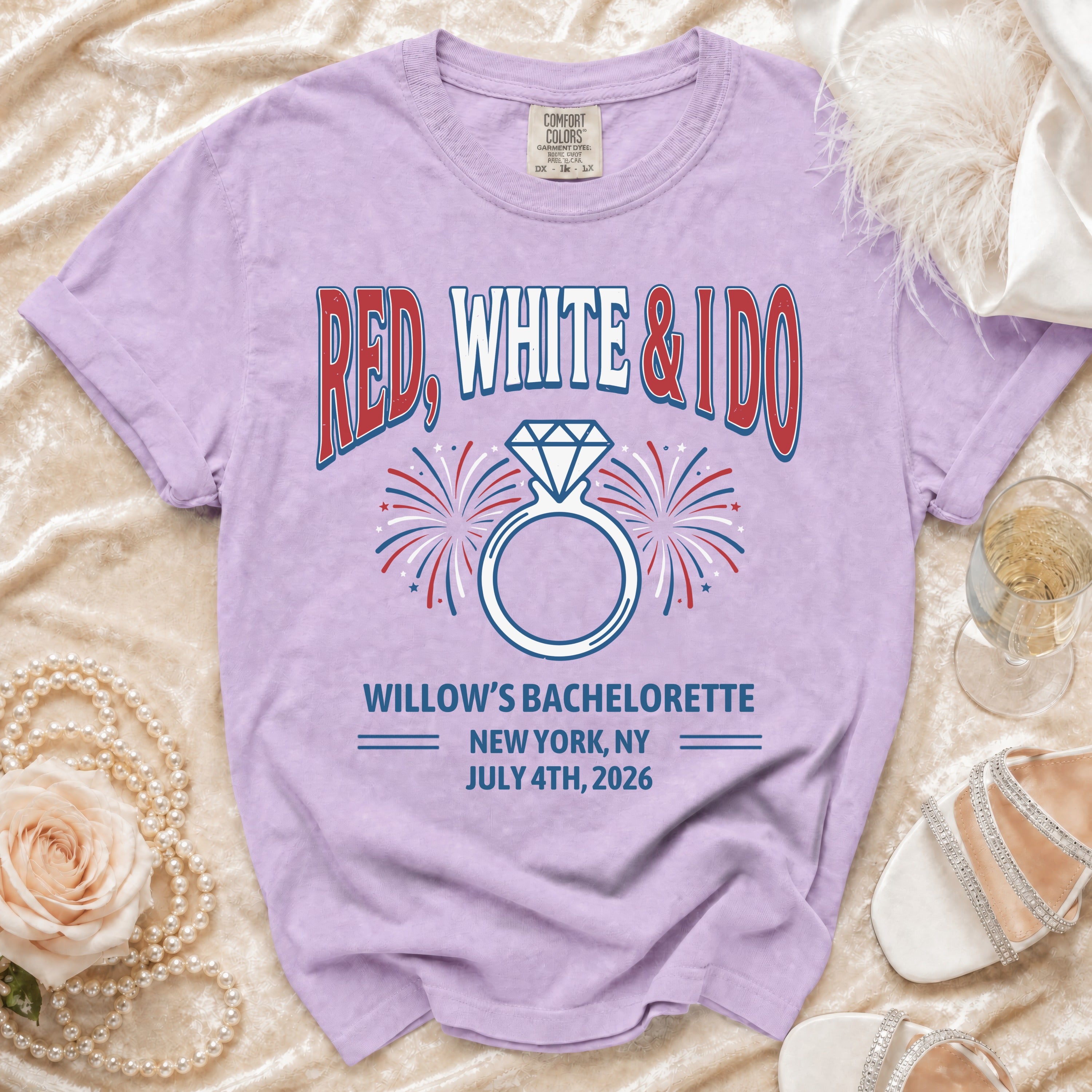 Purple t-shirt with "Red, White & I Do" bachelorette design.