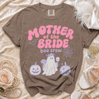 "Mother of the Bride Boo Crew" graphic tee with ghost bride, pumpkins, and bats.