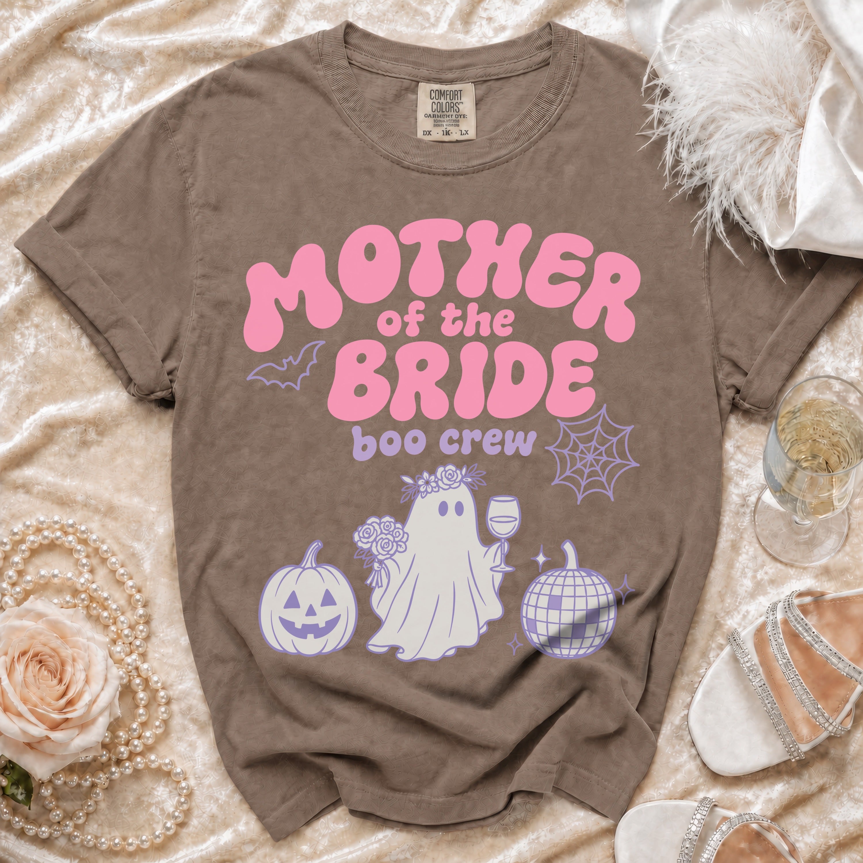 "Mother of the Bride Boo Crew" graphic tee with ghost bride, pumpkins, and bats.