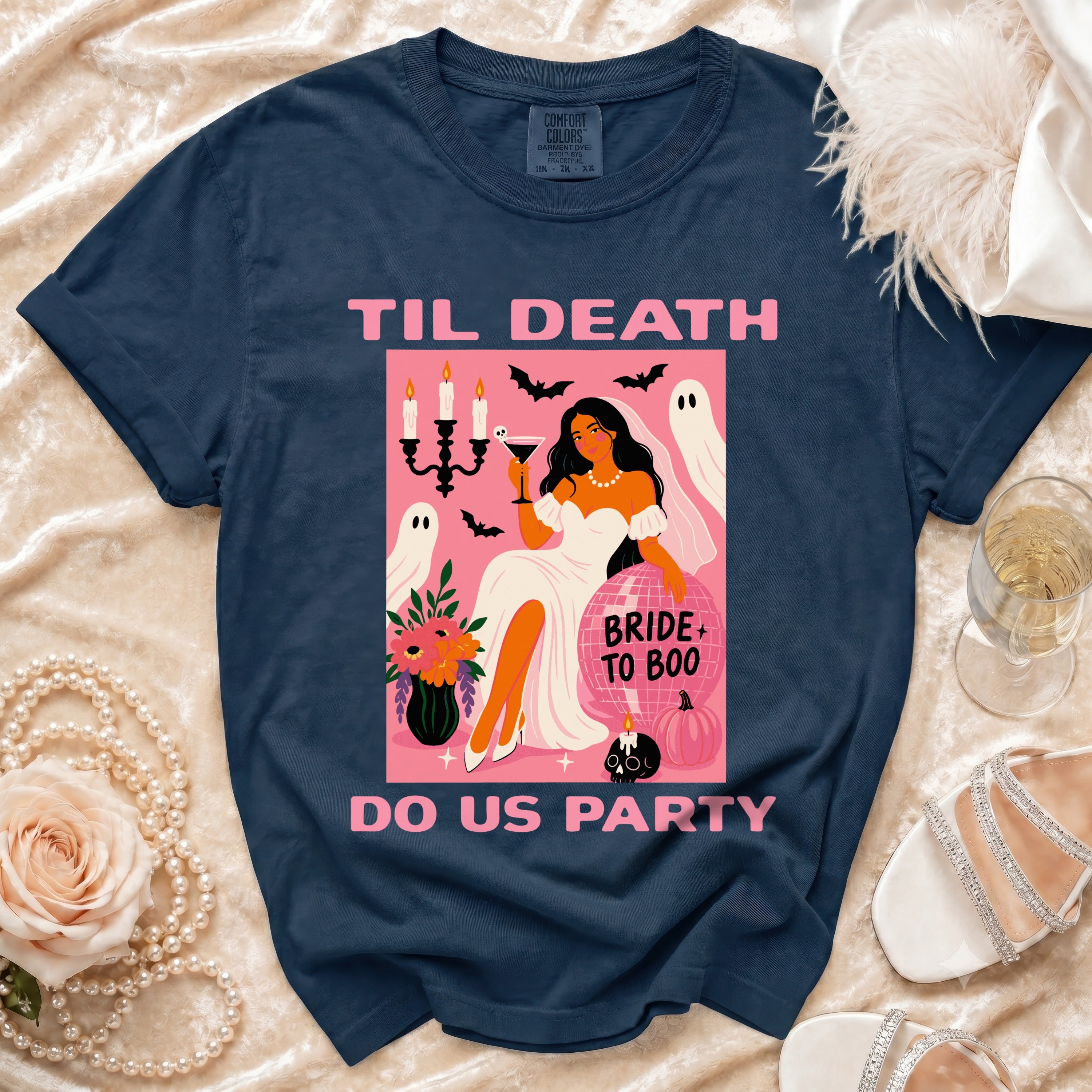 Navy t-shirt with "Til Death Do Us Party" and bride graphics.