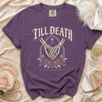 Purple t-shirt with "Till Death" text, skeleton hands, and roses, "Just Married" below.