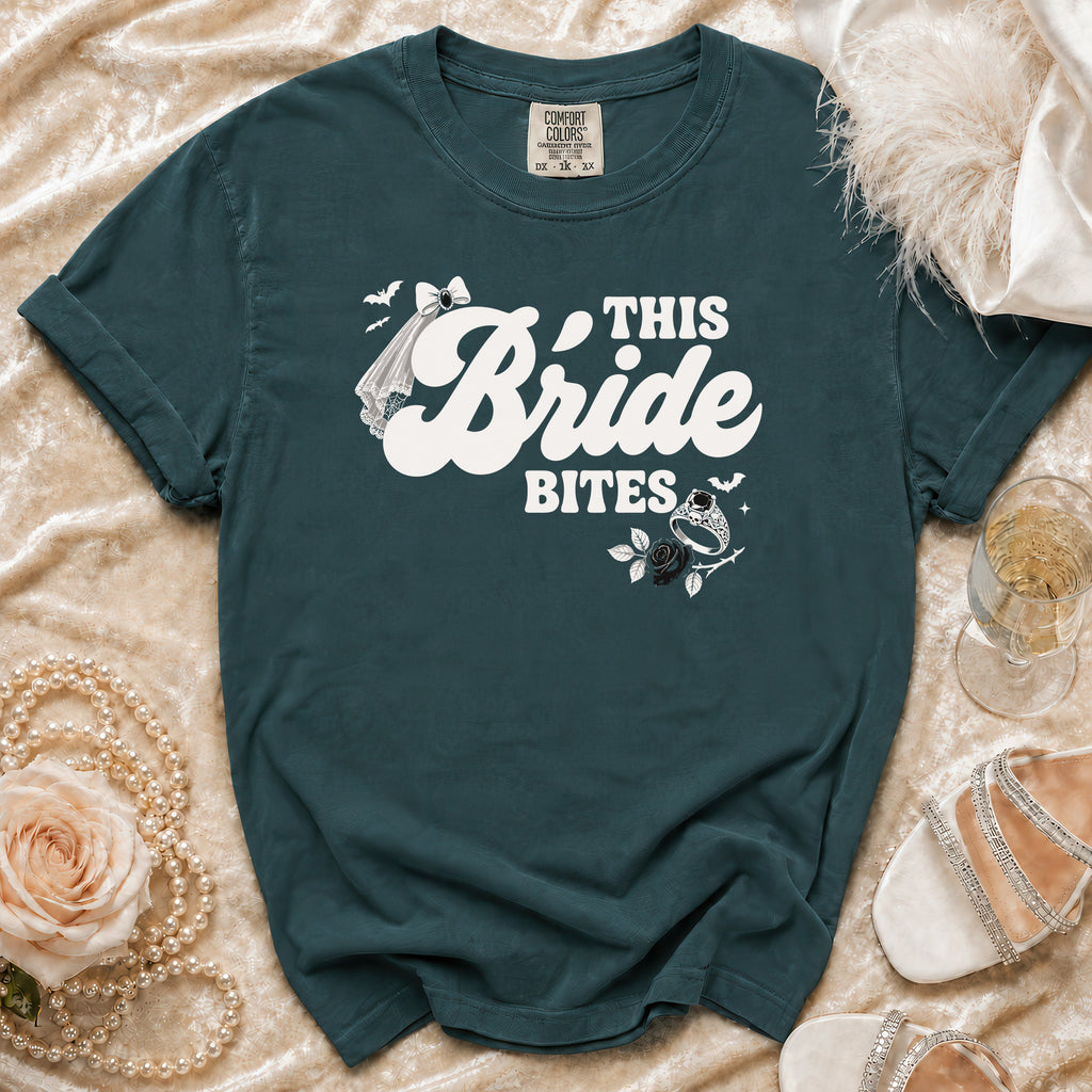 Teal t-shirt with "This Bride Bites" graphic, veil, ring, and bats.