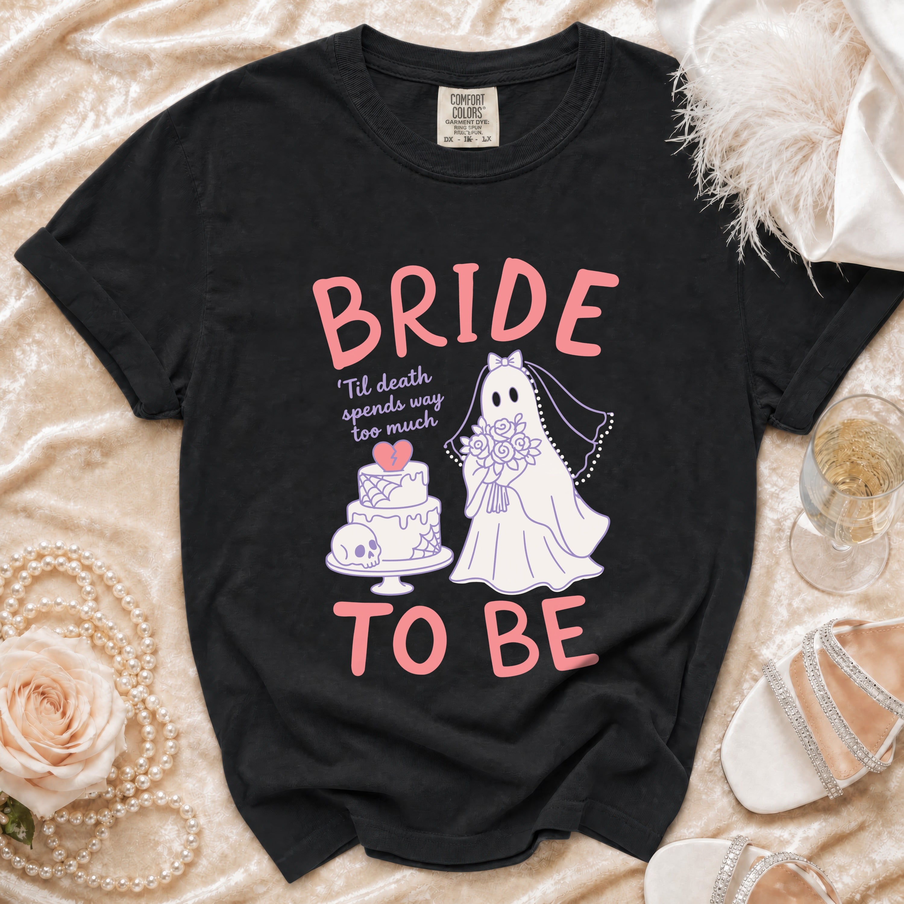 Black t-shirt with ghost bride, cake, and text "BRIDE TO BE".