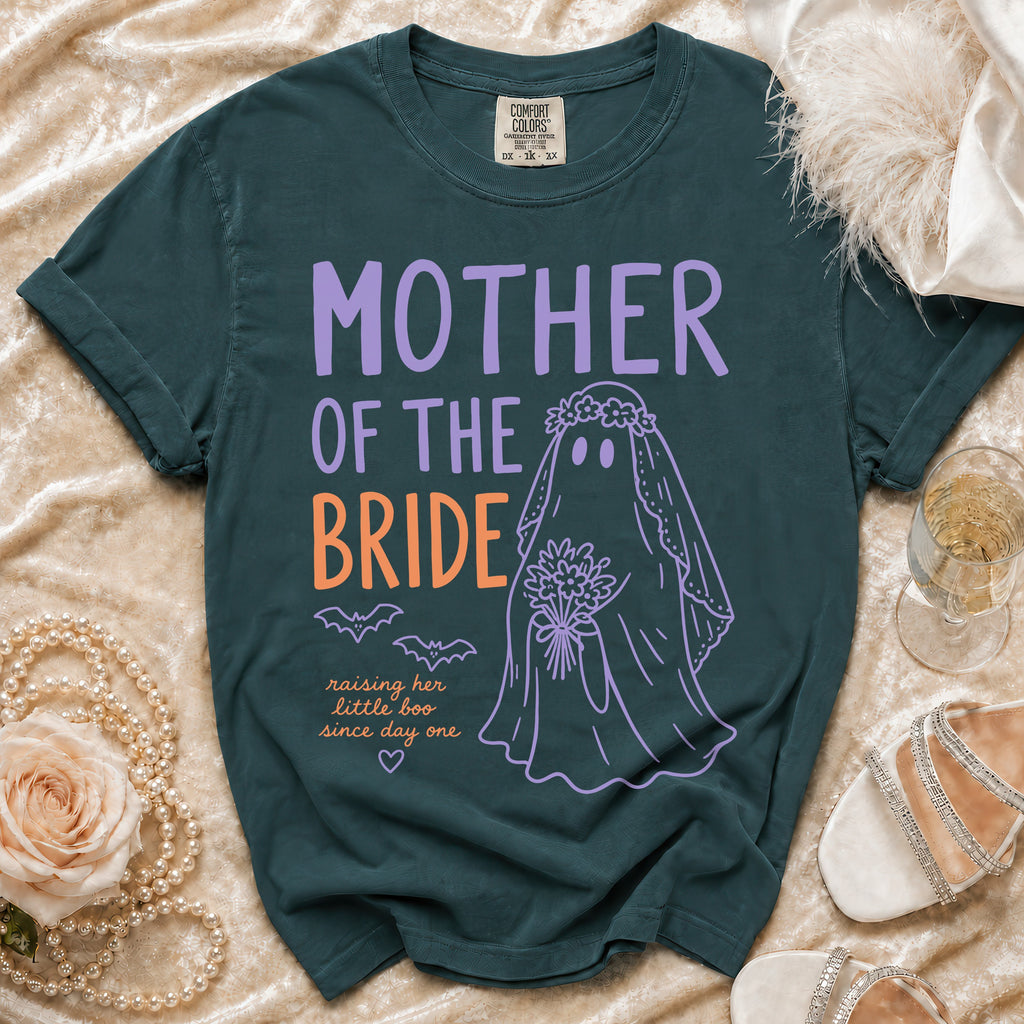 Dark green t-shirt with "Mother of the Bride" ghost graphic and bats.