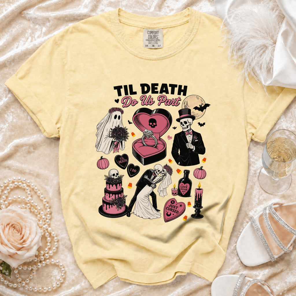 Yellow t-shirt with "Til Death Do Us Part" Halloween wedding graphic featuring skeletons.