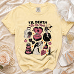 Yellow t-shirt with "Til Death Do Us Part" Halloween wedding graphic featuring skeletons.