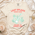 T-shirt with "Last Splash Sarah's Bach Malibu, CA Summer 2026" text and graphics.