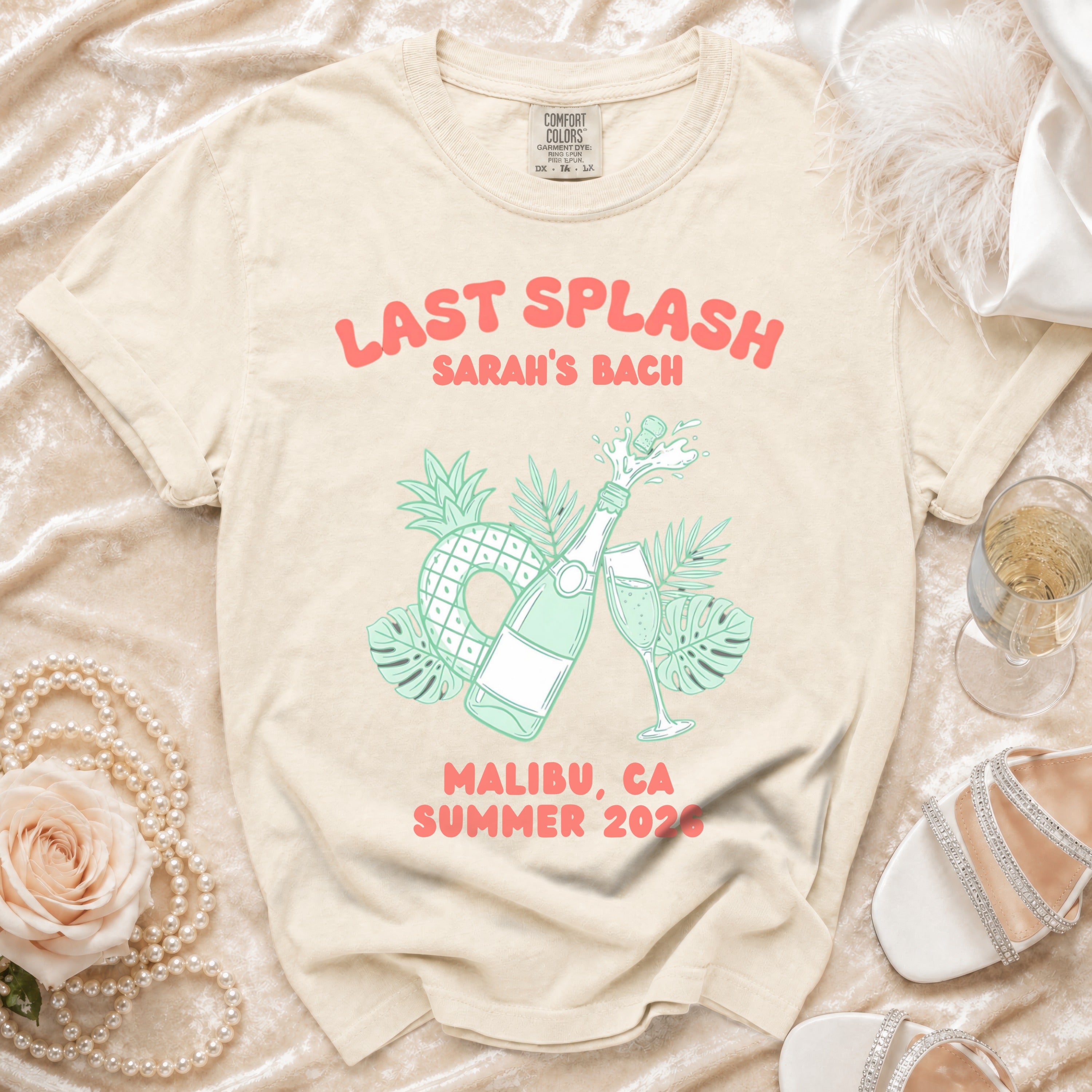 T-shirt with "Last Splash Sarah's Bach Malibu, CA Summer 2026" text and graphics.