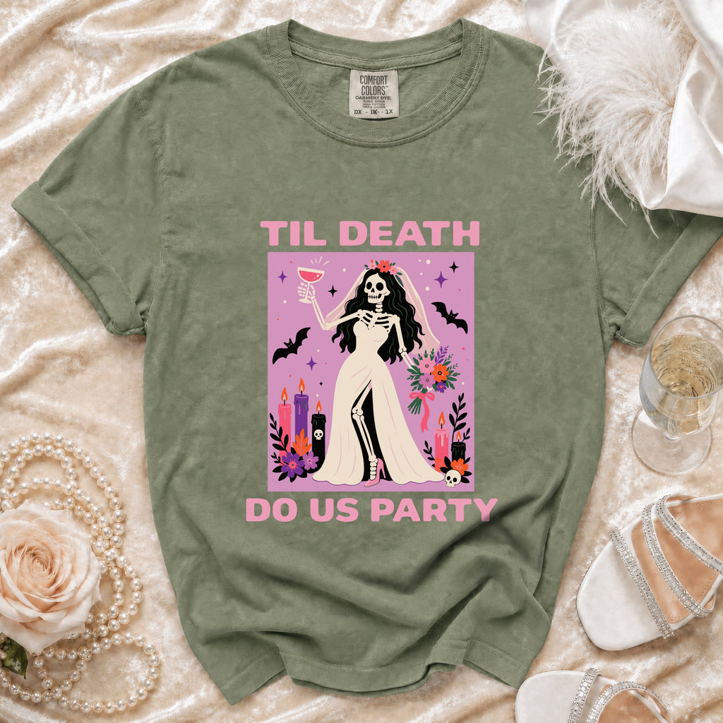 Olive green t-shirt with skeleton bride graphic and text "TIL DEATH DO US PARTY".