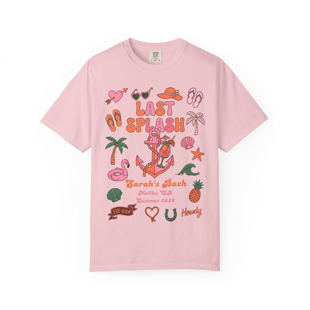 Pink t-shirt with "Last Splash" graphic, Sarah's Bach, Malibu CA, Summer 2026.