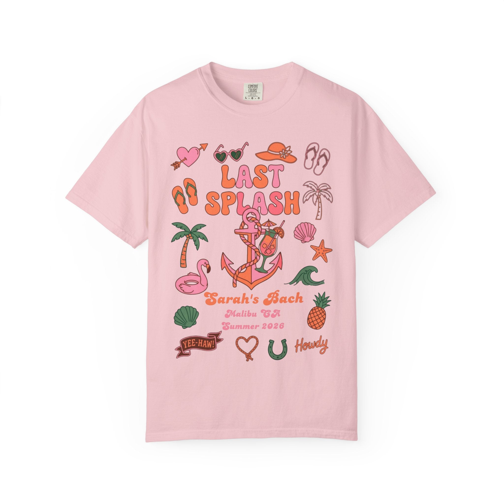 Pink t-shirt with "Last Splash" graphic, Sarah's Bach, Malibu CA, Summer 2026.