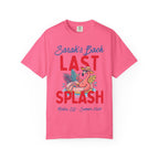 Pink t-shirt with "Sarah's Bach Last Splash Malibu, CA Summer 2026" text and flamingo.