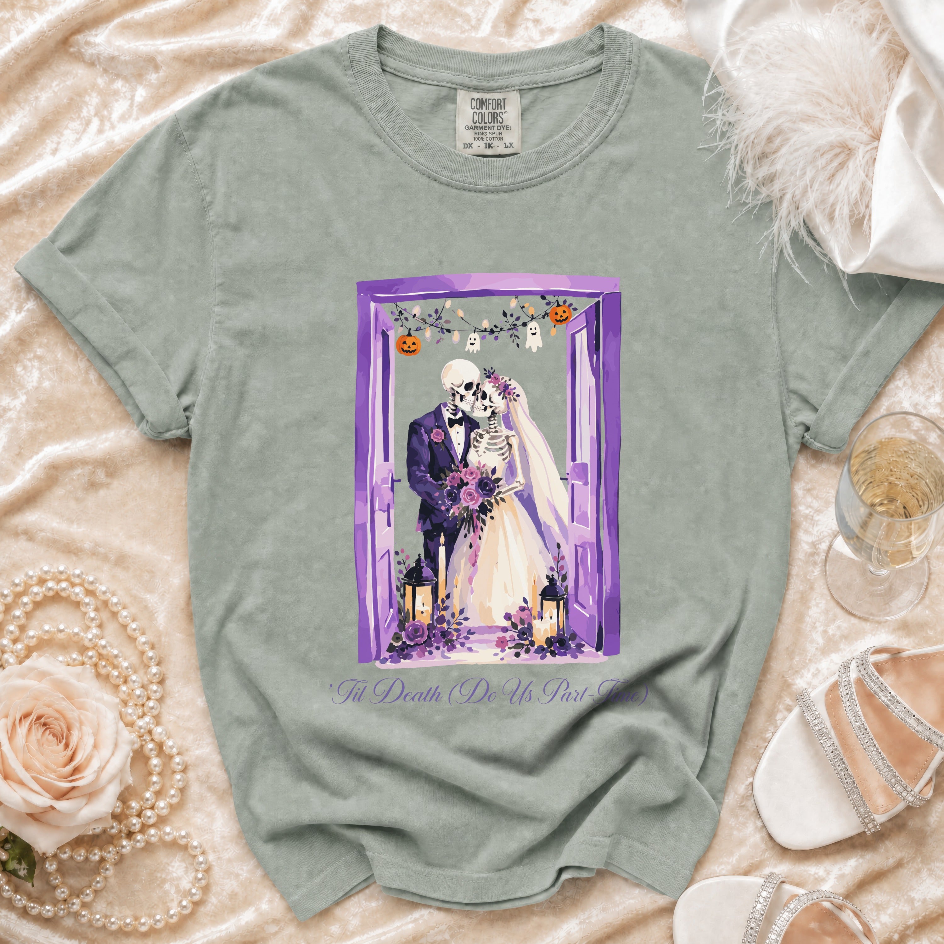 T-shirt with skeleton bride and groom design and text 'Til Death Do Us Part.