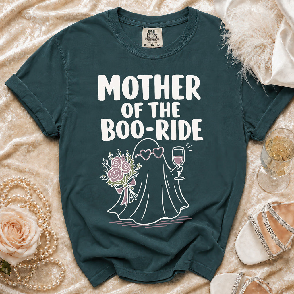 Teal t-shirt with white text "MOTHER OF THE BOO-RIDE" and a ghost graphic.