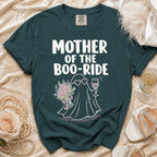 Teal t-shirt with white text "MOTHER OF THE BOO-RIDE" and a ghost graphic.