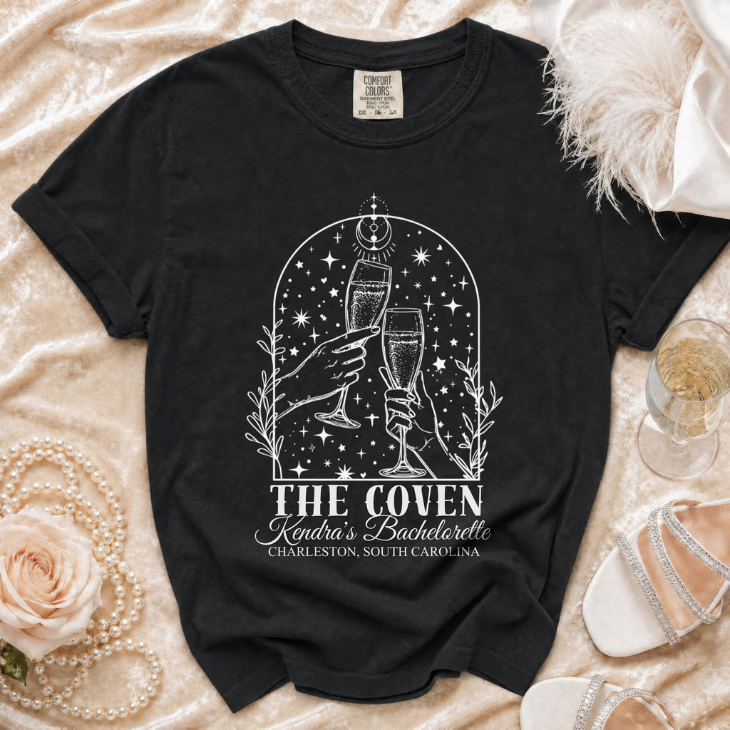 Black t-shirt with white graphic for Kendra's Bachelorette, Charleston South Carolina.