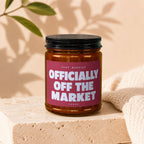 Candle with "Just Married Officially Off The Market Vowed" text on a burgundy label.
