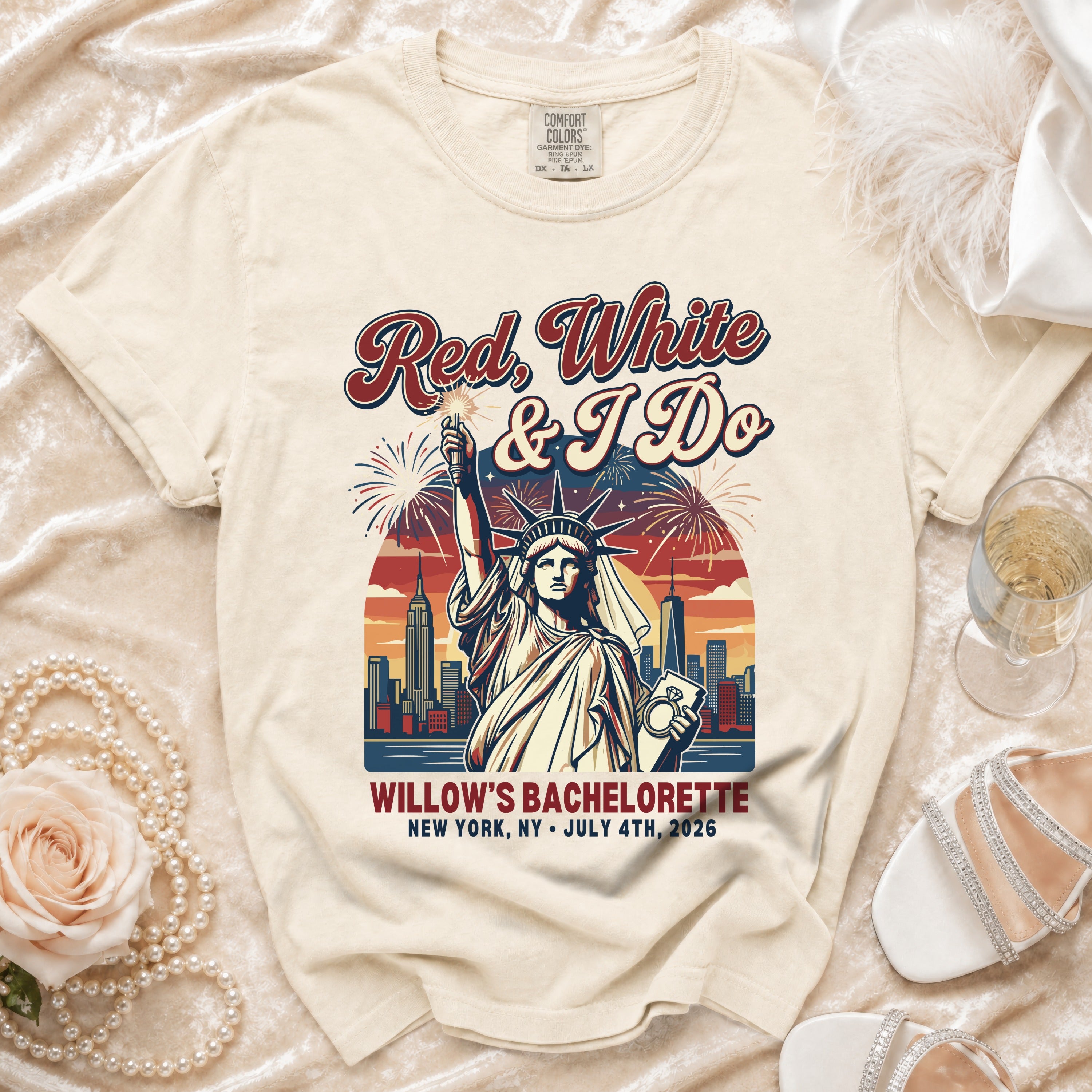 Bachelorette party t-shirt with Statue of Liberty and fireworks.