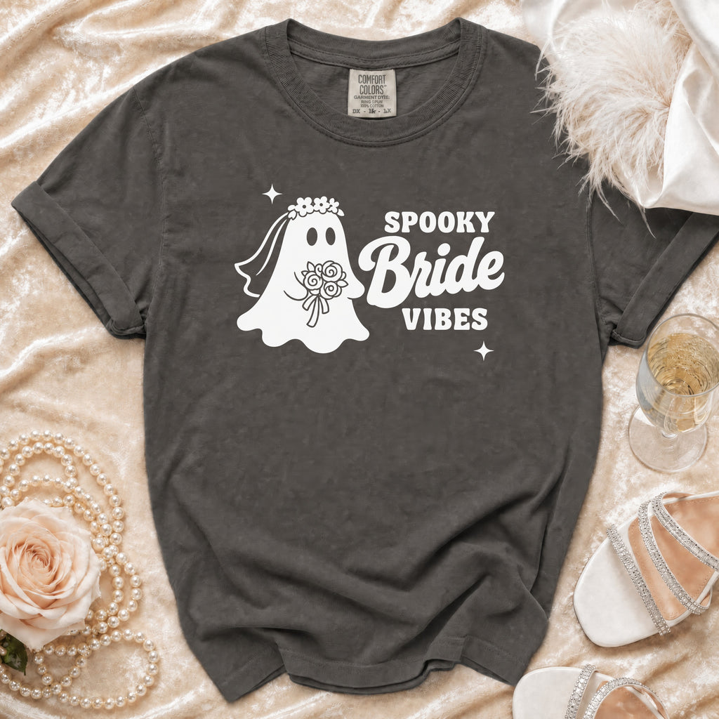 Dark gray t-shirt with "Spooky Bride Vibes" text and a ghost bride graphic.