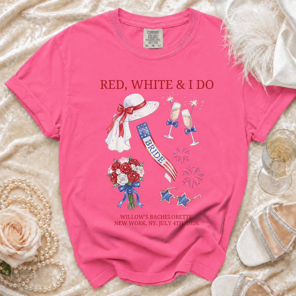 Bride's bachelorette t-shirt with "RED, WHITE & I DO" text and patriotic graphics.