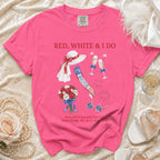 Bride's bachelorette t-shirt with "RED, WHITE & I DO" text and patriotic graphics.