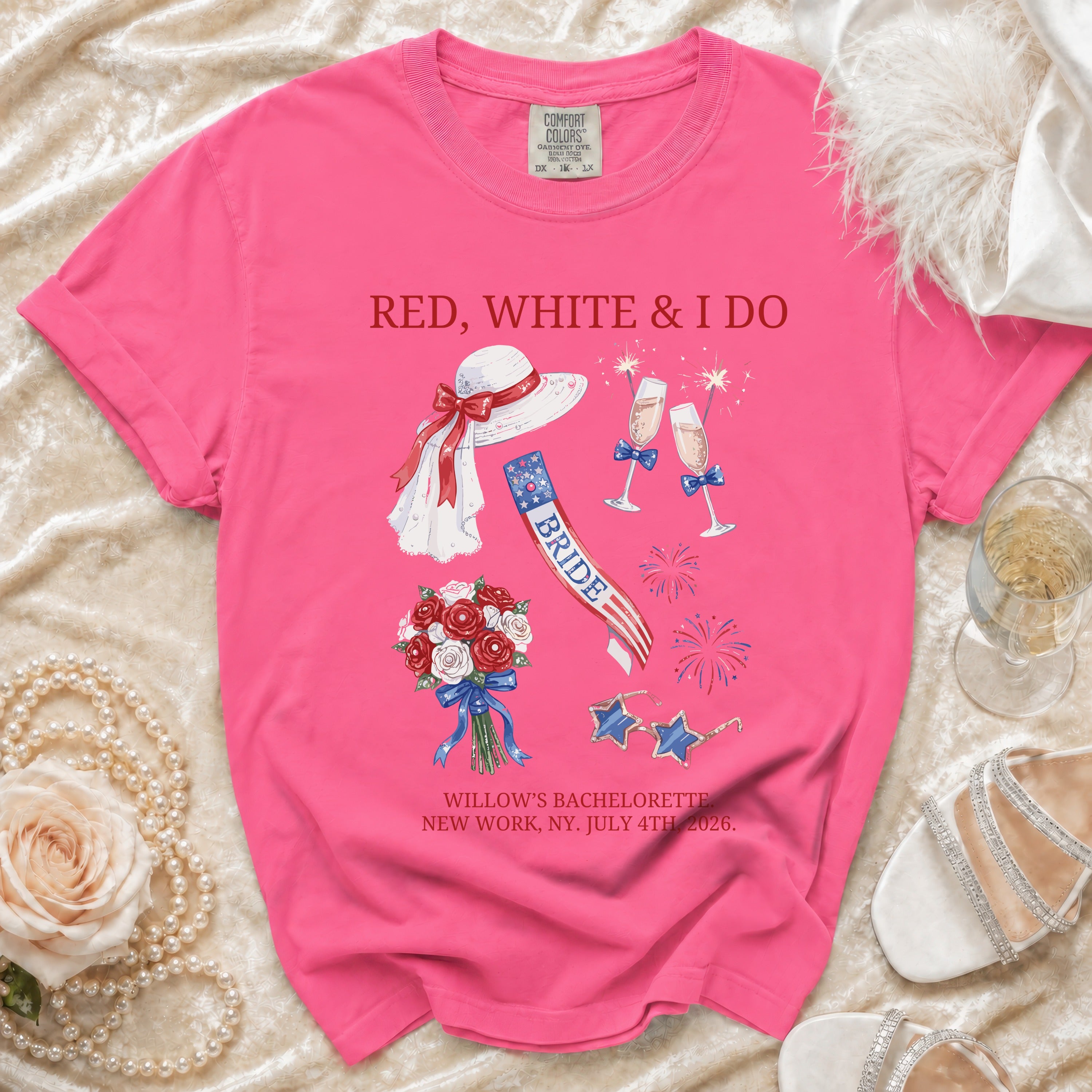 Bride's bachelorette t-shirt with "RED, WHITE & I DO" text and patriotic graphics.