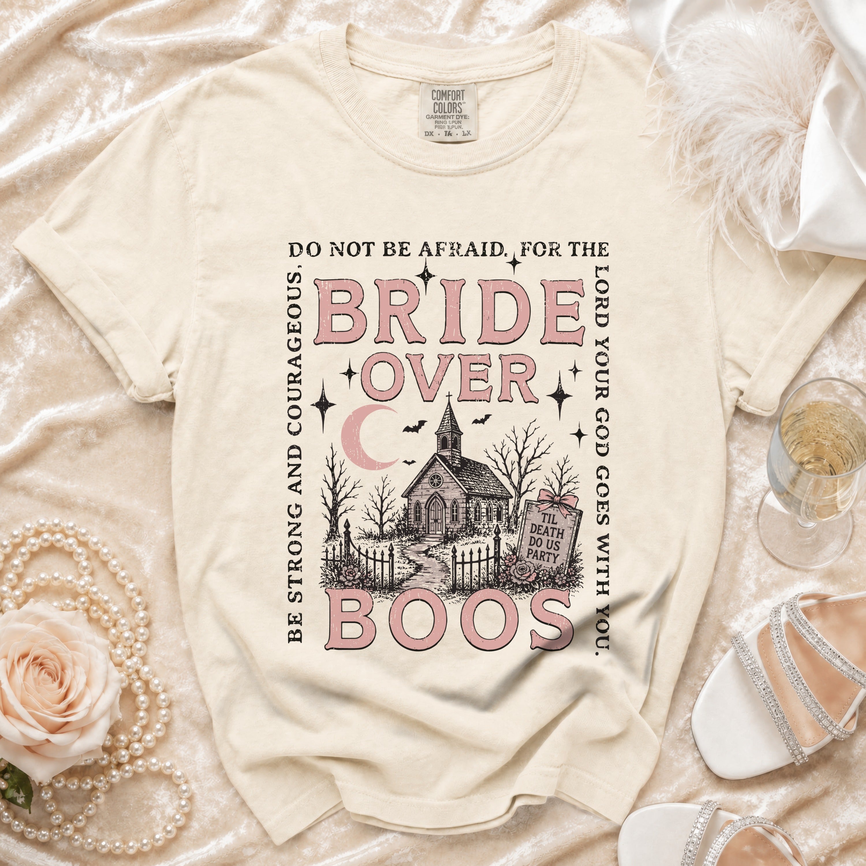 Cream t-shirt with "Bride Over Boos" and spooky church graphic.