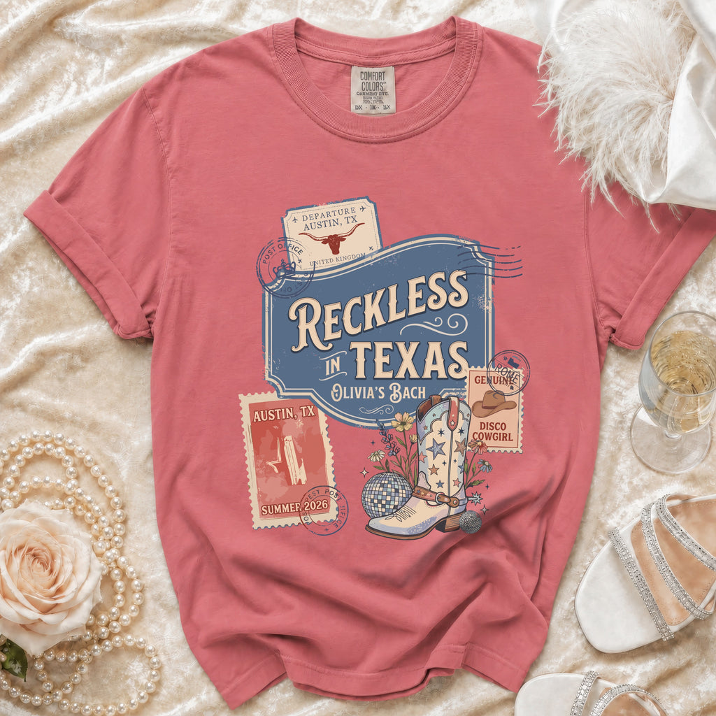 Reckless in Texas t-shirt with disco boot and Austin, TX destination graphic.