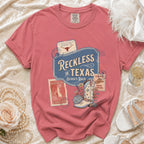 Reckless in Texas t-shirt with disco boot and Austin, TX destination graphic.