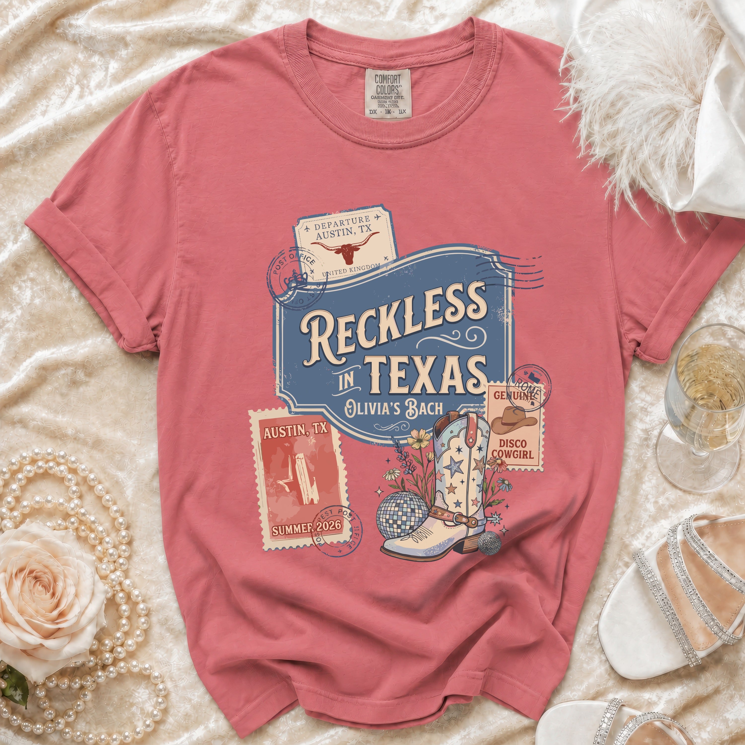 Reckless in Texas t-shirt with disco boot and Austin, TX destination graphic.