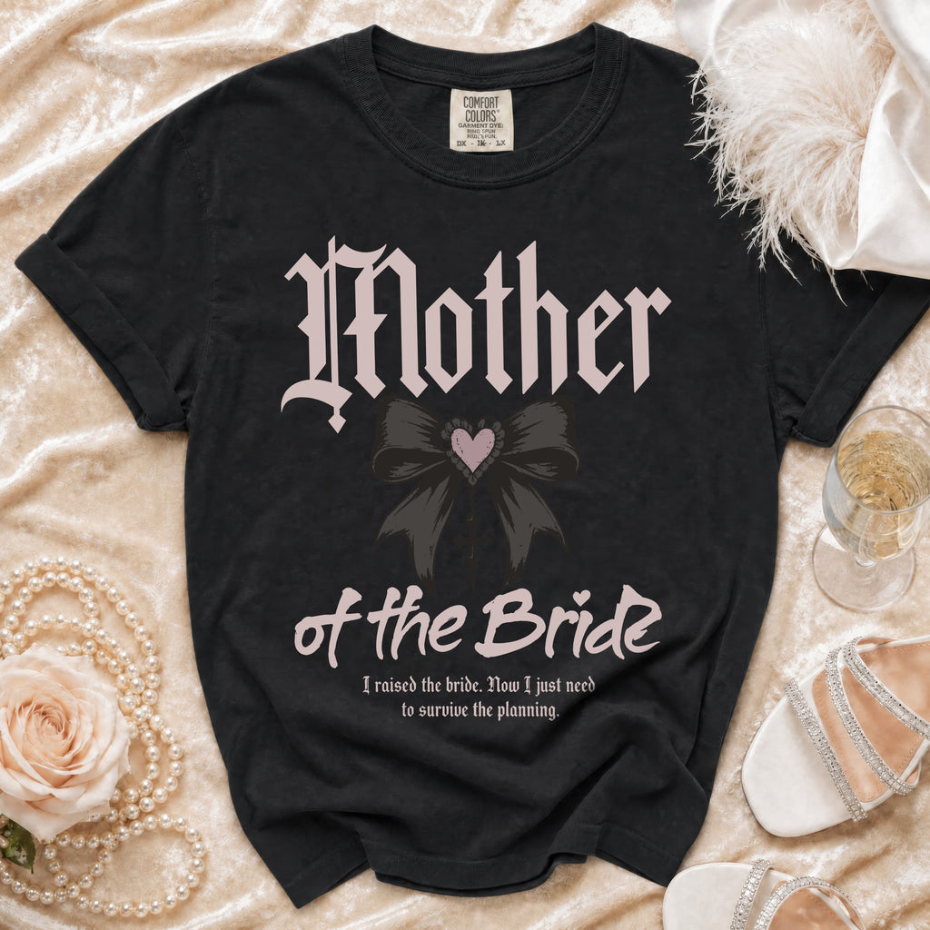 Black t-shirt with "Mother of the Bride" text and a bow graphic.