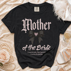 Black t-shirt with "Mother of the Bride" text and a bow graphic.