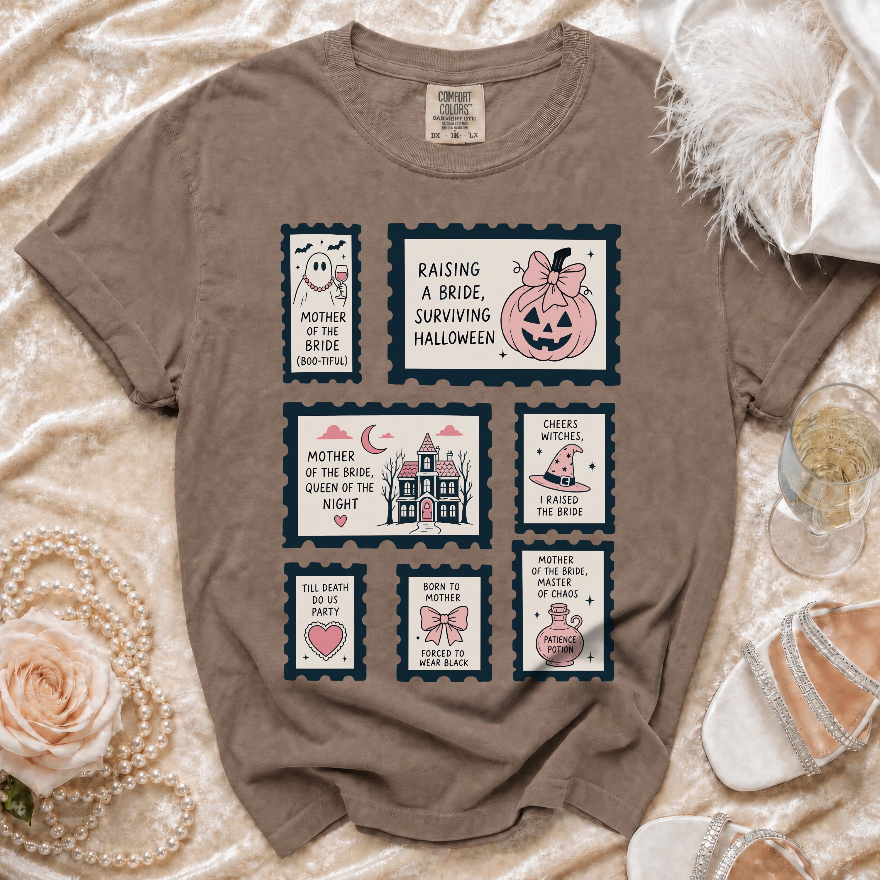 Brown Comfort Colors shirt with stamp-like graphics of bridal and Halloween themes.