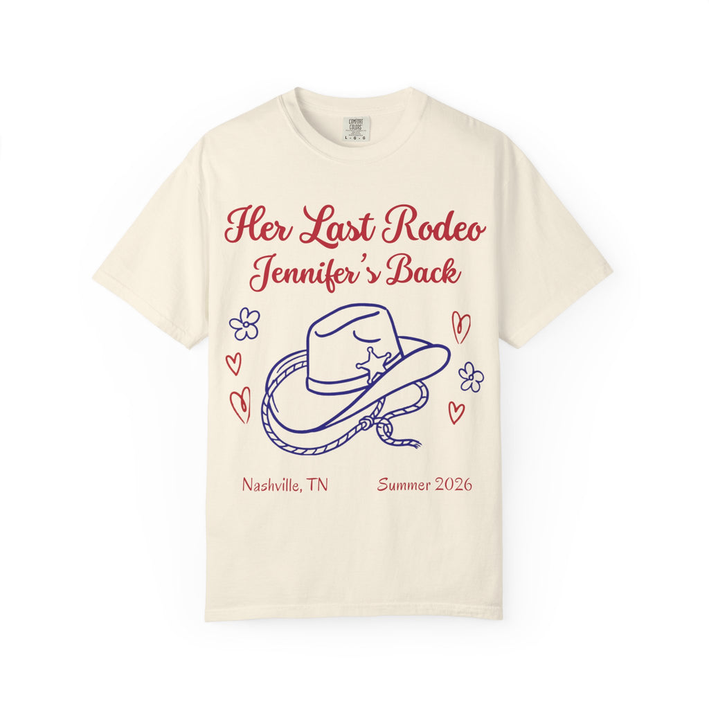 Cream t-shirt with "Her Last Rodeo Jennifer's Back" and cowboy hat design.