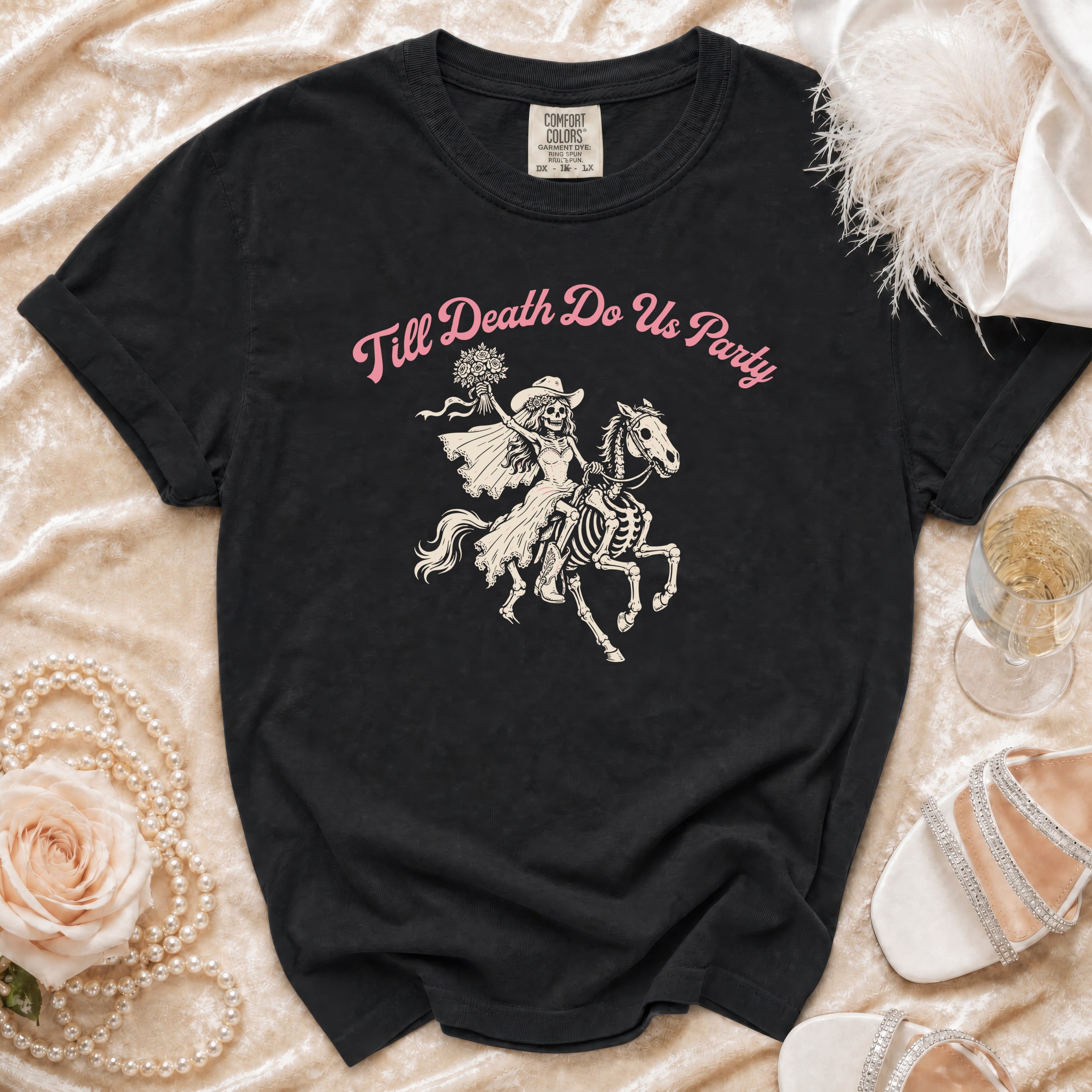 Black Comfort Colors t-shirt with skeleton bride on horse and "Till Death Do Us Party" text.