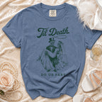 Blue t-shirt with "Til Death DO US PART" and skeleton bride and groom graphic.