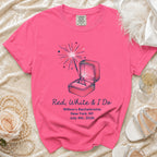 Pink t-shirt with "Red, White & I Do" bachelorette design.