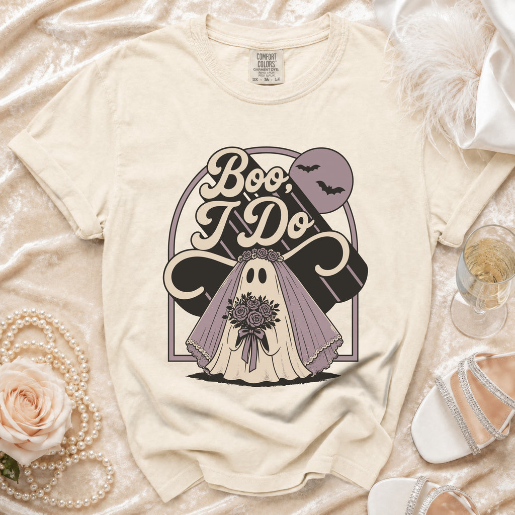 Cream t-shirt with a "Boo, I Do" ghost bride graphic, bats, and moon.