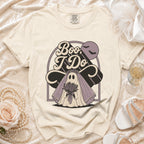 Cream t-shirt with a "Boo, I Do" ghost bride graphic, bats, and moon.