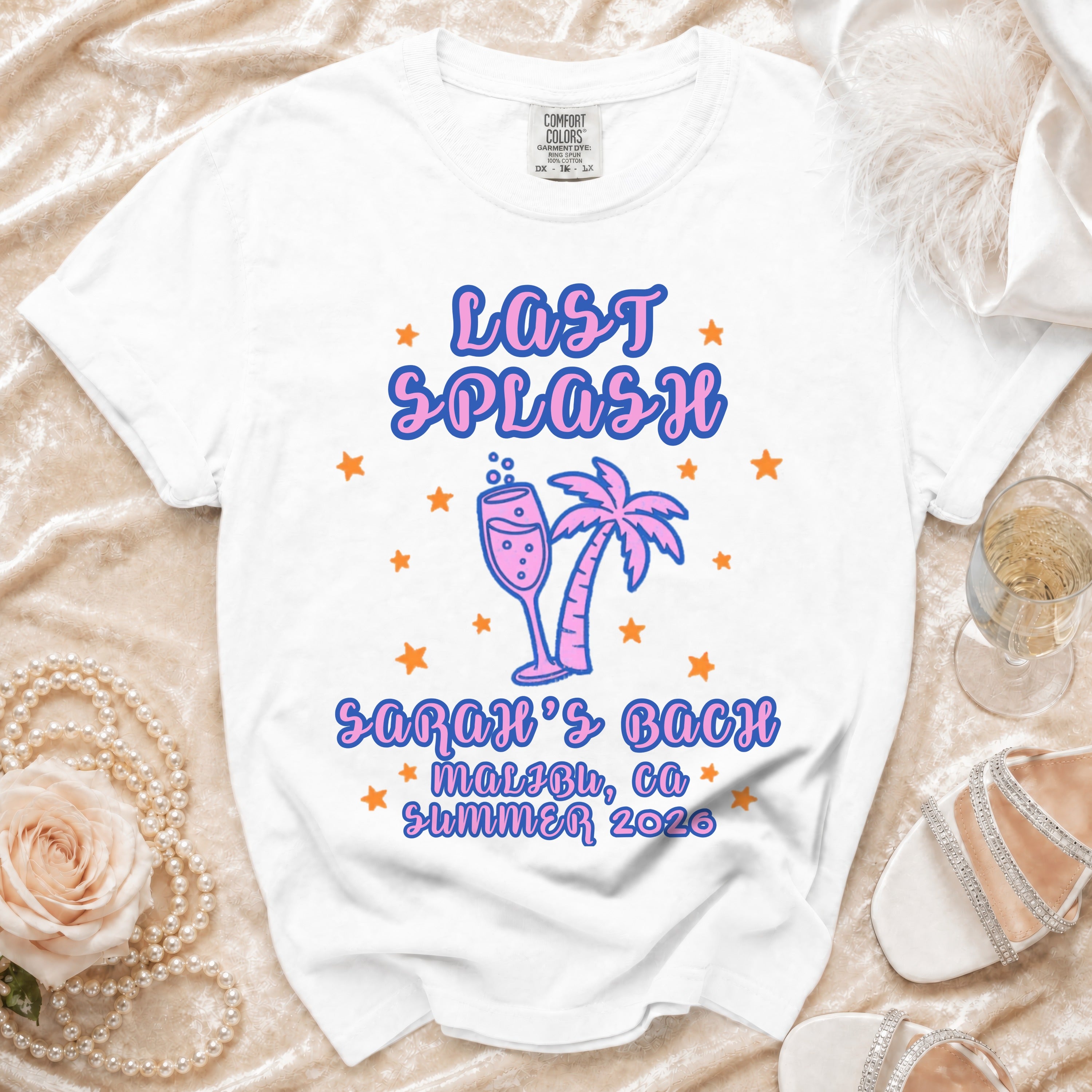 White t-shirt with "Last Splash Sarah's Bach Malibu, CA Summer 2026" graphic.