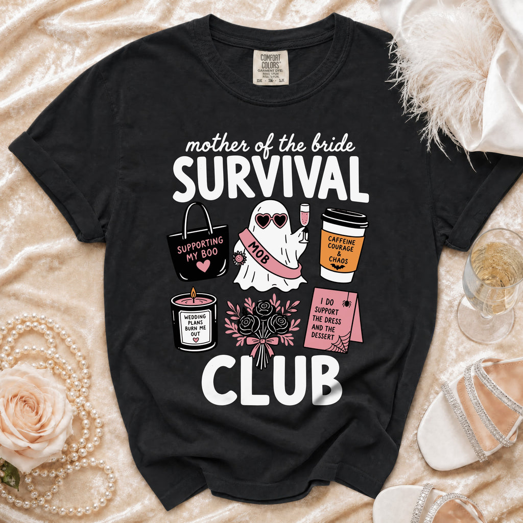Black t-shirt with "Mother of the Bride Survival Club" graphic.