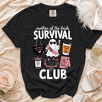 Black t-shirt with "Mother of the Bride Survival Club" graphic.