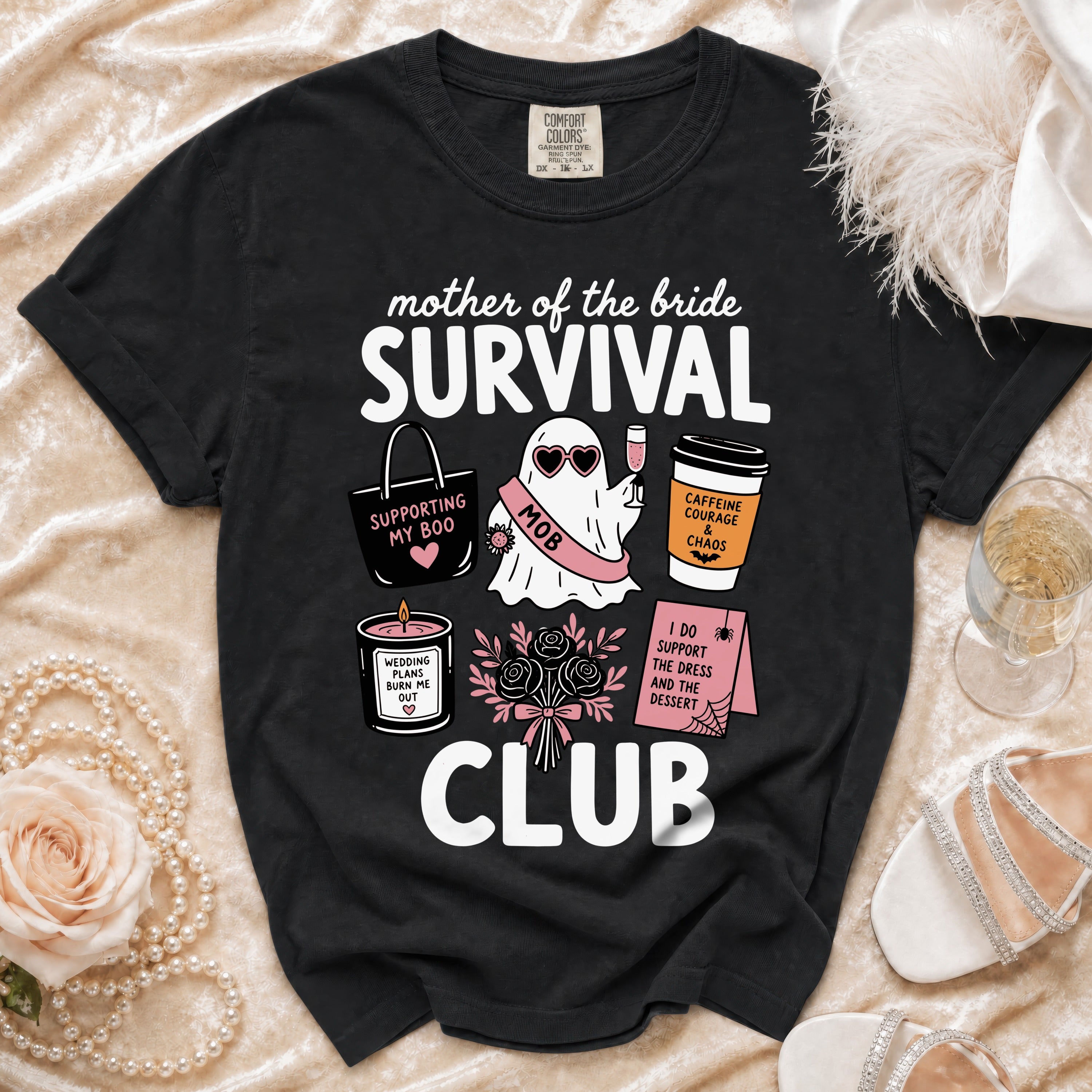 Black t-shirt with "Mother of the Bride Survival Club" graphic.