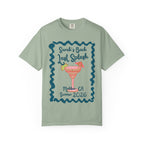 Pale green t-shirt with "Sarah's Bach Last Splash Malibu, CA Summer 2026" and cocktail graphic.
