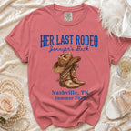 Pink t-shirt with "Her Last Rodeo" and cowboy boots graphic.